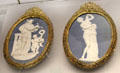 Wedgwood blue jasper medallions with neo-classical themes by several artists in ormolu frames by Matthew Boulton at World of Wedgwood. Barlaston, Stoke, England.