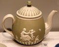 Wedgwood green jasper teapot depicting Sportive Love after design by Lady Templetown at World of Wedgwood. Barlaston, Stoke, England.