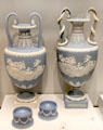 Wedgwood blue jasper vases depicting Venus in her Chariot after Charles Le Brun over pair of salts at World of Wedgwood. Barlaston, Stoke, England.