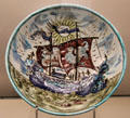 Lustre galleon plate by William De Morgan & decorated by Halsey Ricardo of Sands End Pottery of Fulham at Ashmolean Museum. Oxford, England.