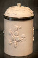 Porcelain blanc de Chine tobacco jar with silver mounts by Saint-Cloud of France at Ashmolean Museum. Oxford, England.