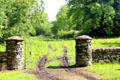 Gate & stone gateposts at Ulster American Folk Park. Omagh, Northern Ireland.