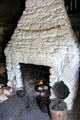 Log Cabin fireplace at Ulster American Folk Park. Omagh, Northern Ireland.