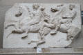 Panathenaic festival horsemen procession marble relief from west frieze of Athens Parthenon by Pheidias at British Museum. London, United Kingdom.