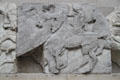 Panathenaic festival horsemen procession marble relief from north frieze of Athens Parthenon by Pheidias at British Museum. London, United Kingdom.