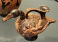 Etruscan red-figured perfume or oil vase in form of duck from Vulci, Italy at British Museum. London, United Kingdom.