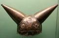 Celtic culture horned helmet of riveted sheet bronze with raised decoration found in River Thames, London at British Museum. London, United Kingdom.