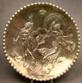 Roman silver platter with Bacchic scene part of Mildenhall Treasure at British Museum. London, United Kingdom.