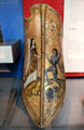 Parade shield showing lady with Flemish pointed headdress with knight kneeling at her feet from Flanders or Burgundy, France at British Museum. London, United Kingdom.