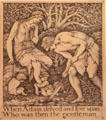 Adam & Eve graphic by Edward Burne-Jones for front piece in Dream of John Ball poem by William Morris for Kelmscott Press at Morris Gallery. London, United Kingdom.