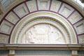 Frieze of architects designing dome in National Gallery structure. London, United Kingdom.