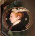 Distorted anamorphosis painting of King Edward VI, as seen along face from side edge by Guillim Scrots at National Portrait Gallery. London, United Kingdom.