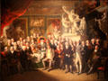 Assembled members of the Royal Academy with president Benjamin West sitting in red chair painting by Henry Singleton at Royal Academy of Arts. London, United Kingdom