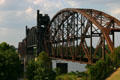 Closed arched Choctaw Route rail lift bridge beside Clinton Presidential Library. Little Rock, AR.