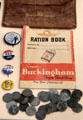 WWII artifacts including ration books, steel pennies & lapel buttons at Pima Air Museum. Tucson, AZ.