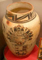 Hopi native polychrome ceramic jar with figure at Arizona State Museum. Tucson, AZ.