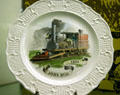White pressed glass plate commemorating John Bull locomotive of 1833 at California State Railroad Museum. Sacramento, CA.