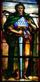 Stained glass window of centurion with sword in Memorial Church at Stanford University. Palo Alto, CA.