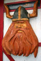Carved Viking face on Danish store. Solvang, CA