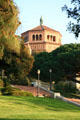 Octagonal tower of Powell Library resembles Church of St. Sepolcro in Bologna, Italy. Los Angeles, CA.
