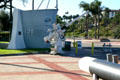 Memorials, deck gun & torpedo outside LA Maritime Museum. San Pedro, CA.