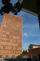 Waite Phillips Hall framed by roofline of Von Kleinsmid Center at USC. Los Angeles, CA.