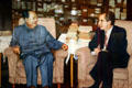 Needlepoint portrait of Nixon meeting Chairman Mao during China diplomacy in 1972 at Nixon Library. Yorba Linda, CA.