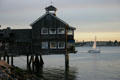 Restaurant on piles over bay at Seaport Village. San Diego, CA.