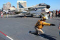 Ling-Temco-Vought A-7 Corsair II attack bomber jet in launch position aboard Midway carrier museum. San Diego, CA.