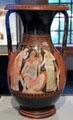 Greek terracotta red-figure & gold pigment storage jar with Judgment of Paris from Athens at Getty Museum Villa. Malibu, CA.