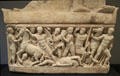 Roman marble sarcophagus with Achilles dragging Hector's Body from Attica at Getty Museum Villa. Malibu, CA.