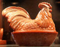 Pressed glass box in shape of chicken on basket at Historical Glass Museum. Redlands, CA.