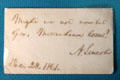 Handwritten A. Lincoln note to cabinet minister on back of letter written by petitioner at Lincoln Shrine. Redlands, CA.