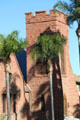 English Gothic square tower of Universalist Unitarian Church of Riverside. Riverside, CA.