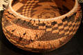 California native basket bowl with quail feathers at Riverside Museum. Riverside, CA.