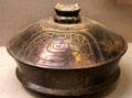 Maya basal-flanged lidded vessel at de Young Museum. San Francisco, CA.
