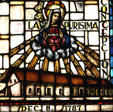 Stained glass detail of La Purisima Concepcion de Maria Santisima Mission. CA.