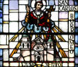 Stained glass detail of San Carlos Borromeo de Carmelo Mission. CA.