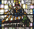 Stained glass detail of San Fernando Rey de España Mission. CA.