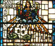 Stained glass detail of San Gabriel Archangel Mission. CA.