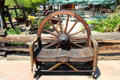 Park bench made from wagon wheel in Coulterville Park. Coulterville, CA