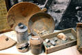 Mexican batea & other gold pans & miner possessions at Calaveras County Downtown Museum. San Andreas, CA.