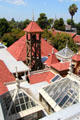 Roof with bell tower & skylights at Winchester House. San Jose, CA.