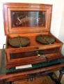 Symphonion stereo music box open to show two changeable music disks at Pardee Home Museum. Oakland, CA.