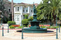 Streetscape & square with Latham-Ducell fountain at Preservation Park. Oakland, CA.
