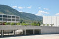 Campus view with mountains, Harmon Hall, Arnold Hall & Honor Court at USAF Academy. Colorado Springs, CO.