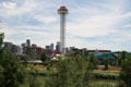 Six Flags Elitch Gardens against skyline of Denver over Central Platte River. Denver, CO.
