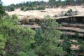Rock formations with small stone houses beside Spruce Tree House in Mesa Verde National Park. CO.