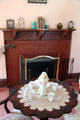 Tea table & fireplace at Orchard House at Rock Ledge Ranch Historic Site. Colorado Springs, CO.
