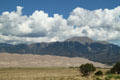 Clouds, mountains, dunes & prairie with tree at Great Sand Dunes National Park. CO.
